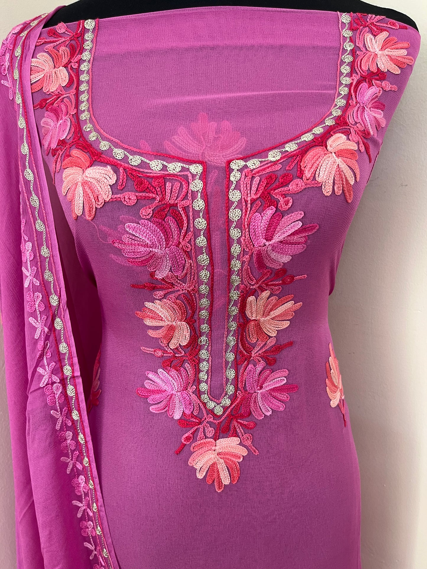 Mauve Pure Georgette Aari Embroidered Suit