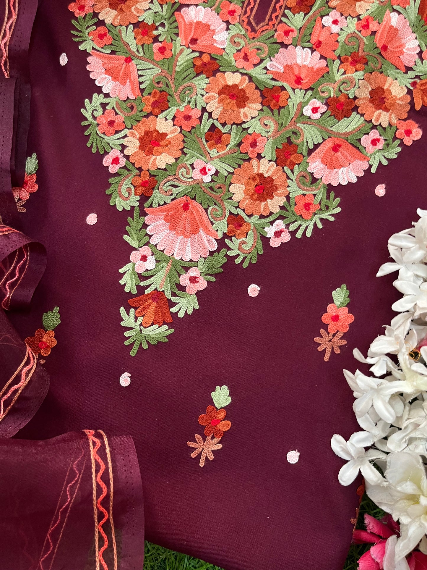 Wine Cotton Organza Dupatta Kashmiri 3pc set