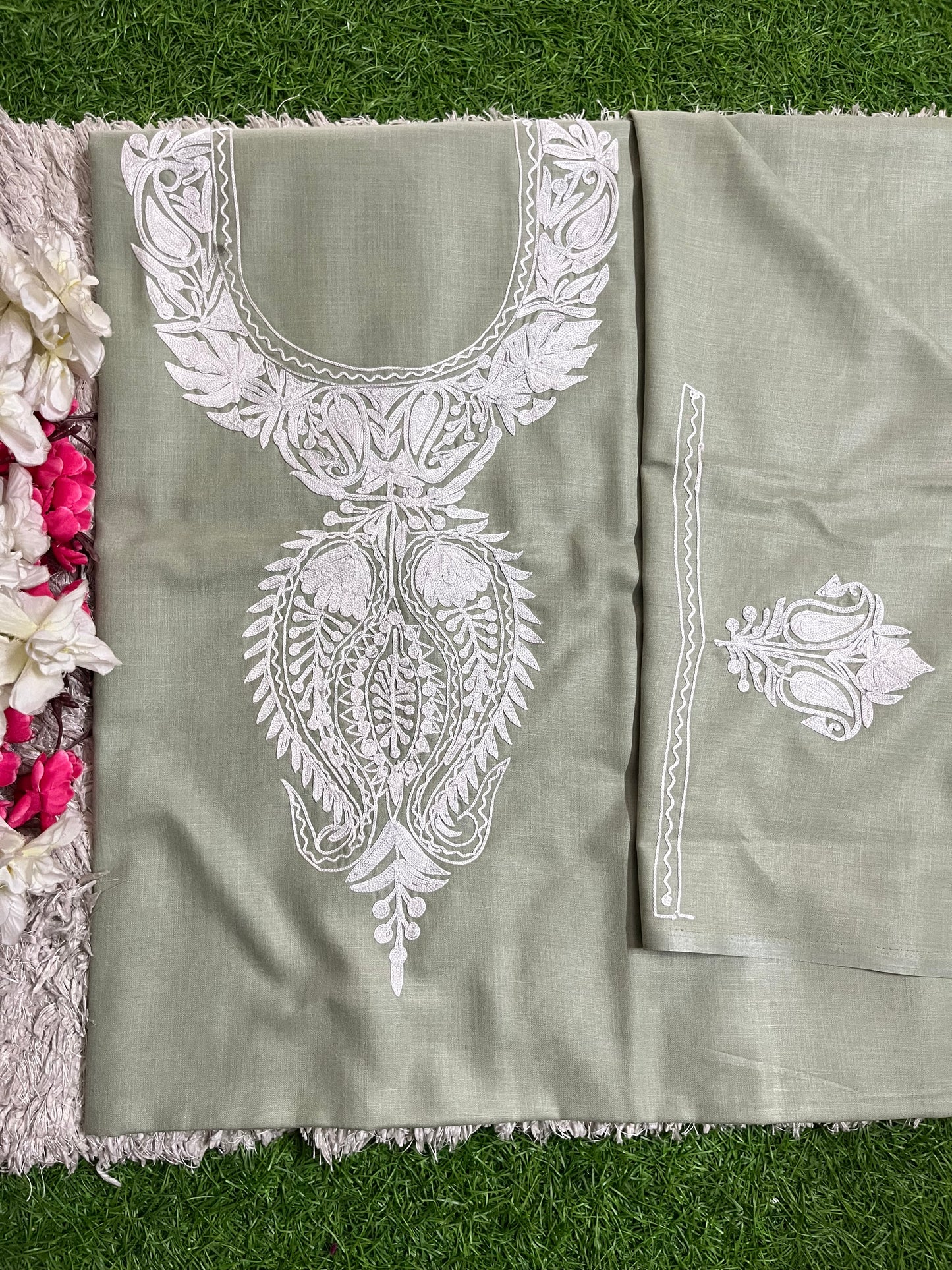 Green Cotton Unstitched Aari Work Kurti