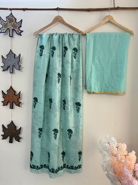 Mint Green Self Work Satin Cotton Unstitched Co-ord Set