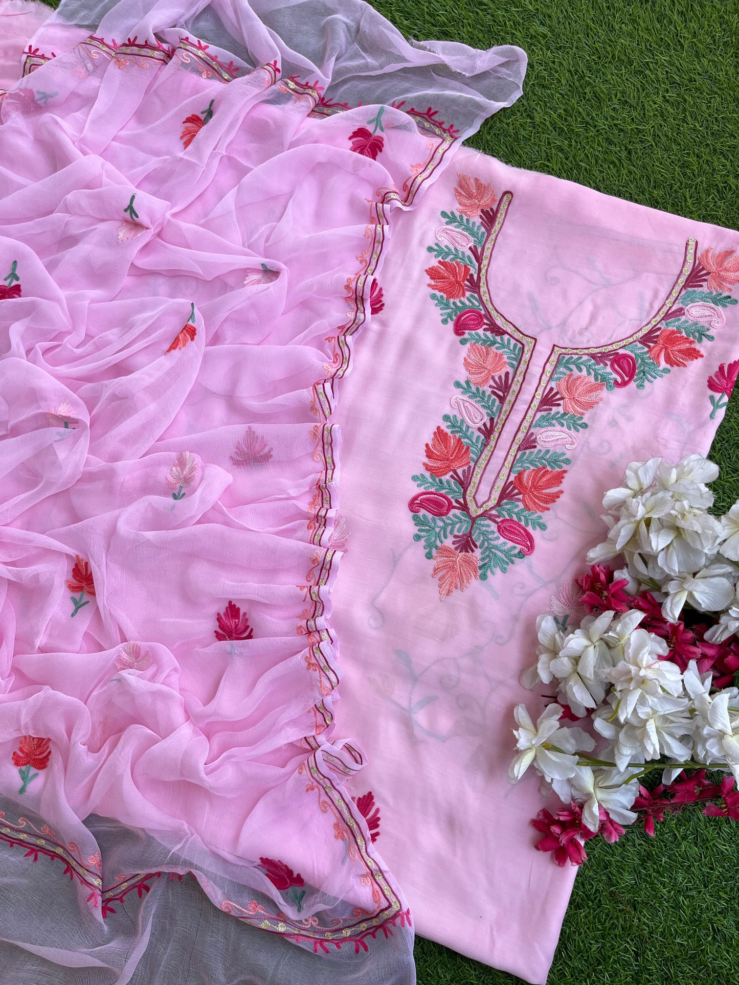 Soft Pink Muslin Cotton Jaal Sleeves Kashmiri 3pc Suit
