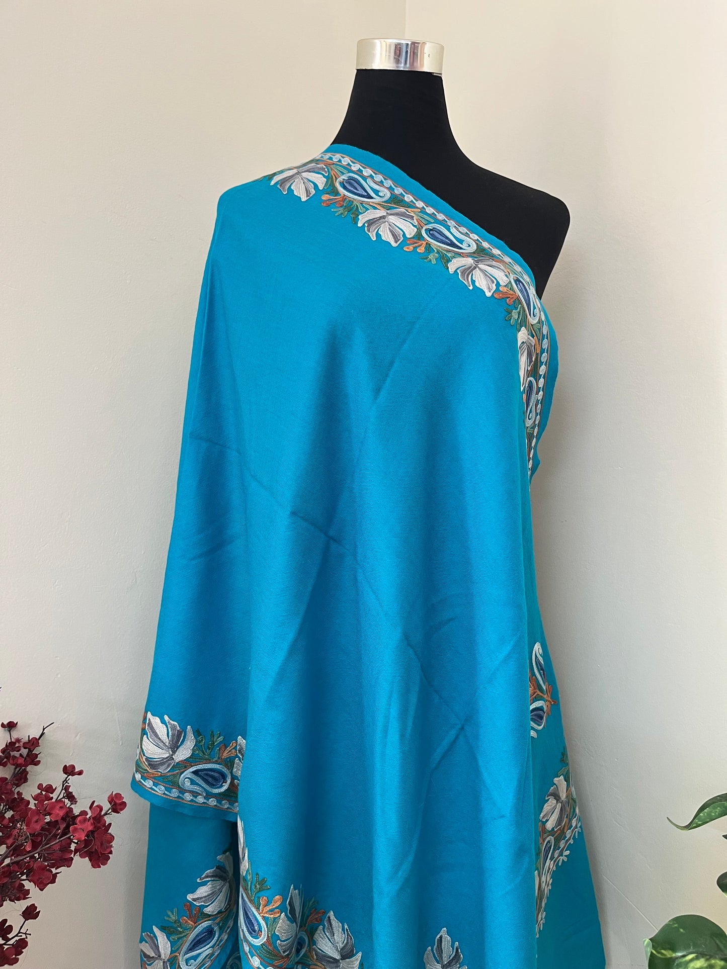 Sky Blue Fine Semi Pashmina Aari Embroidered stole