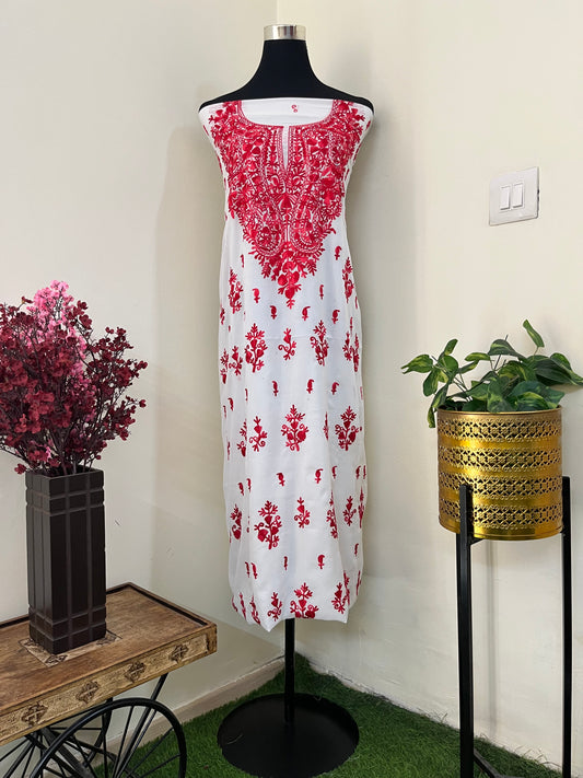 Off white - Red Georgette Kashmiri Unstitched Kurta Material