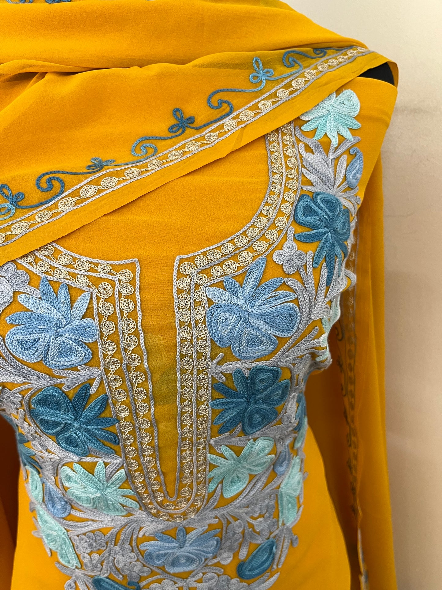 Mustard Georgette 3 Pc Aari Embroidered Suit Set