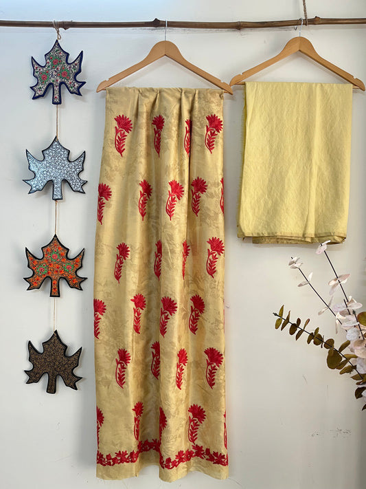 Mustard Gold Self Work Satin Cotton Unstitched Co-ord Set