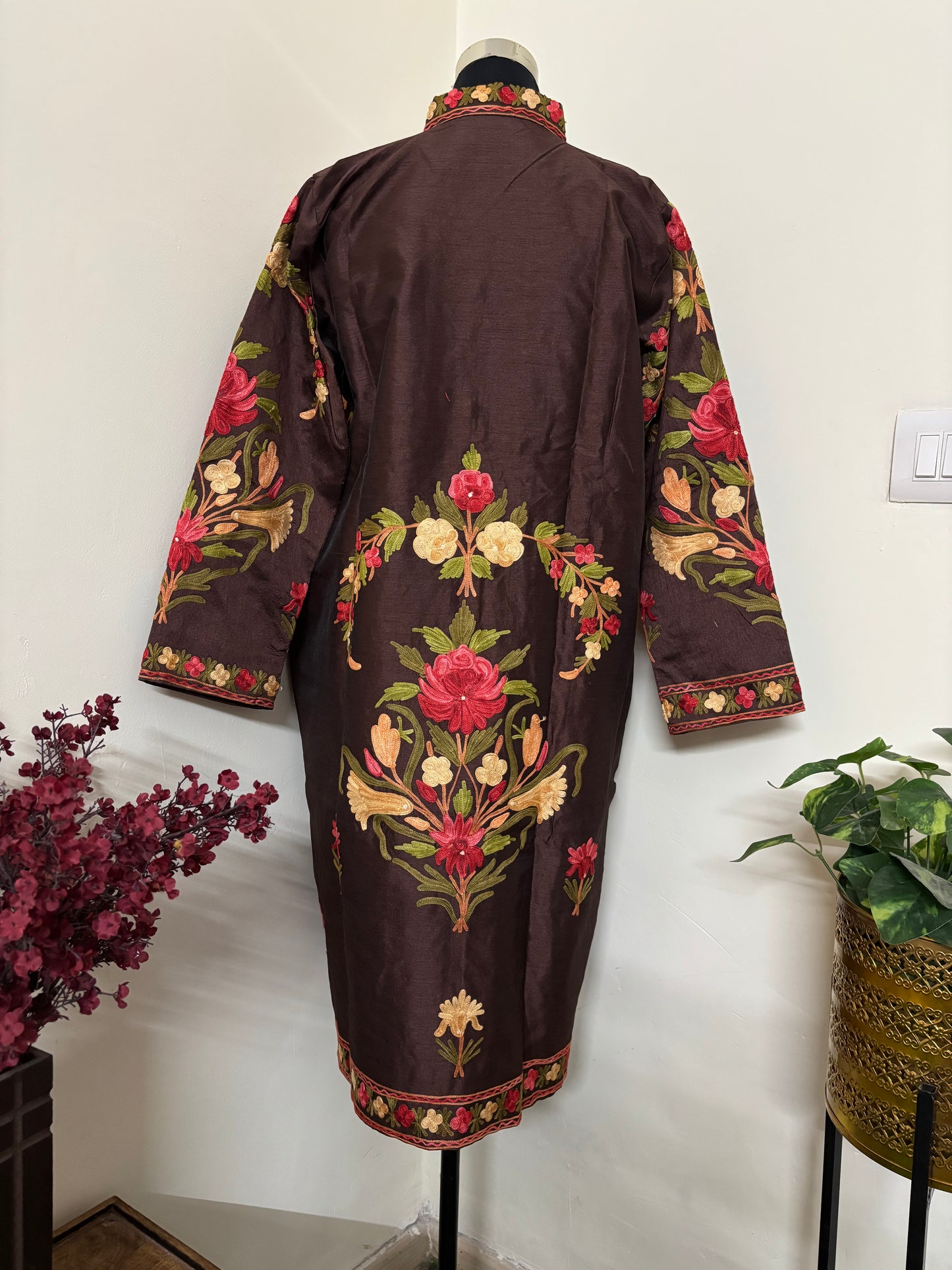 Coffee Brown Aari Embroidered Silk Jacket XXL