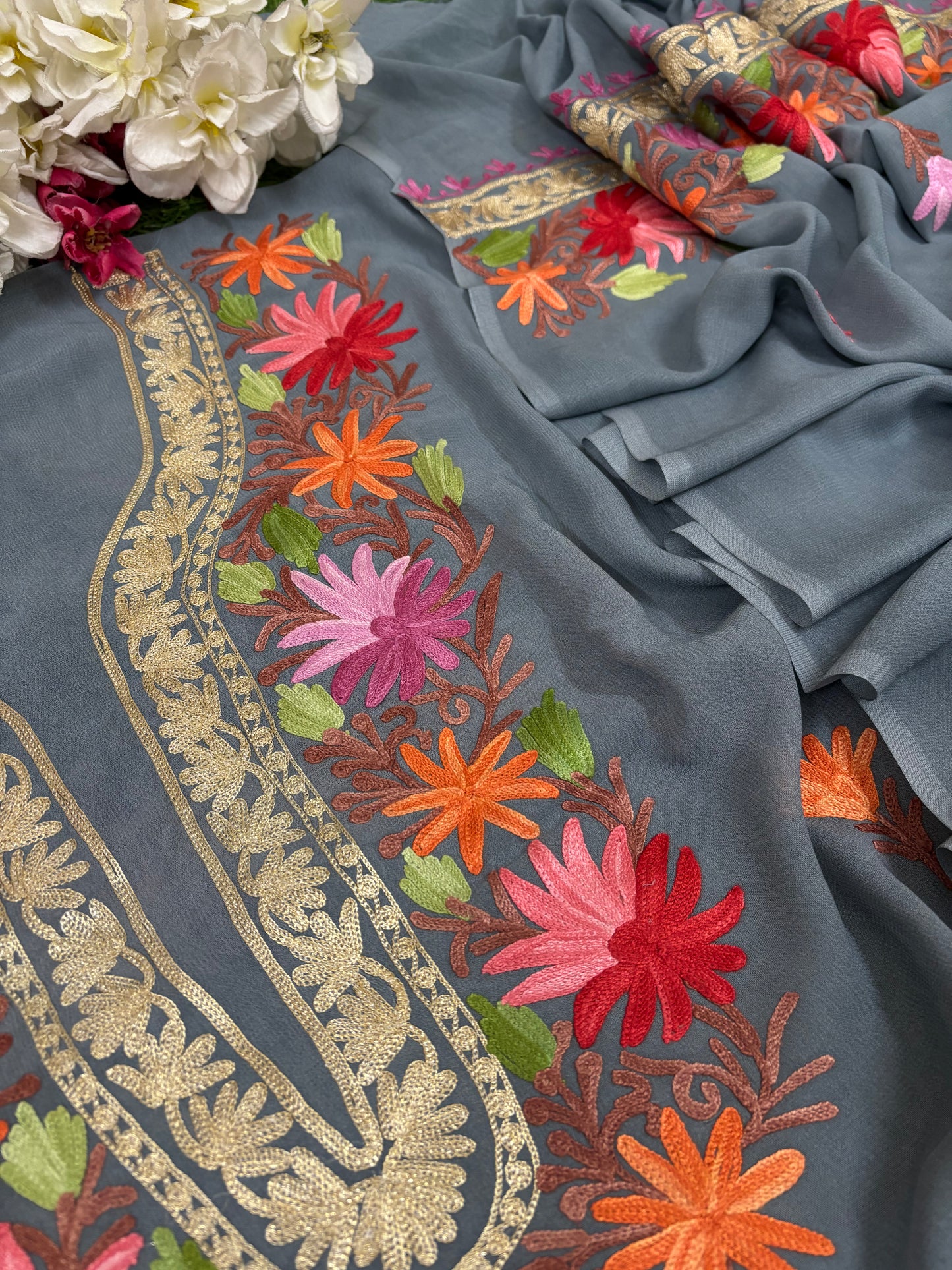 Grey Pure Georgette Kashmiri Suit