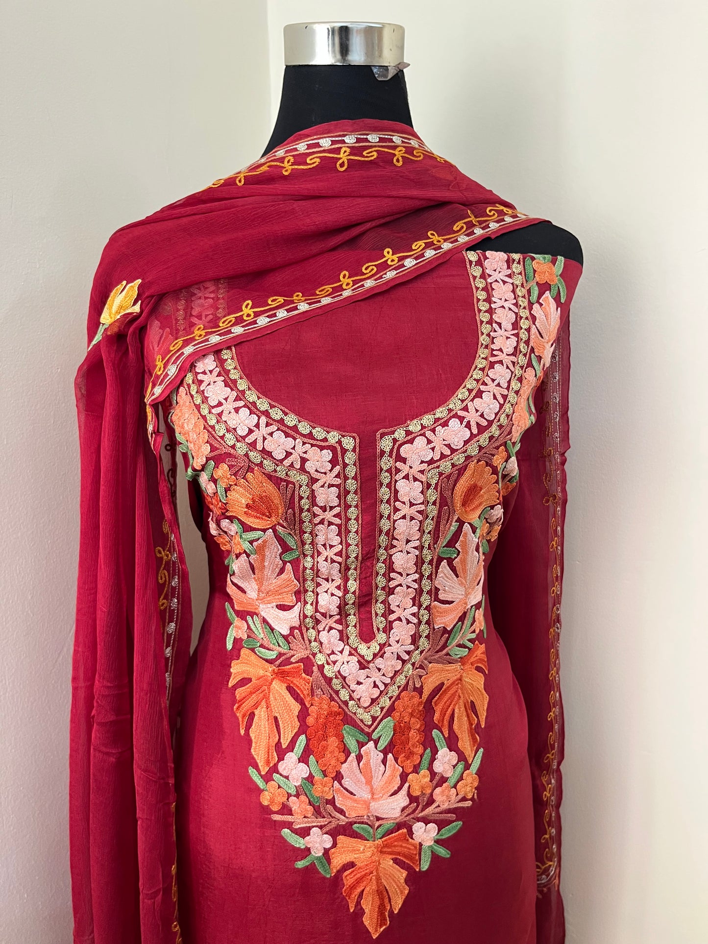 Maroon Opada Silk Aari Embroidered Suit material