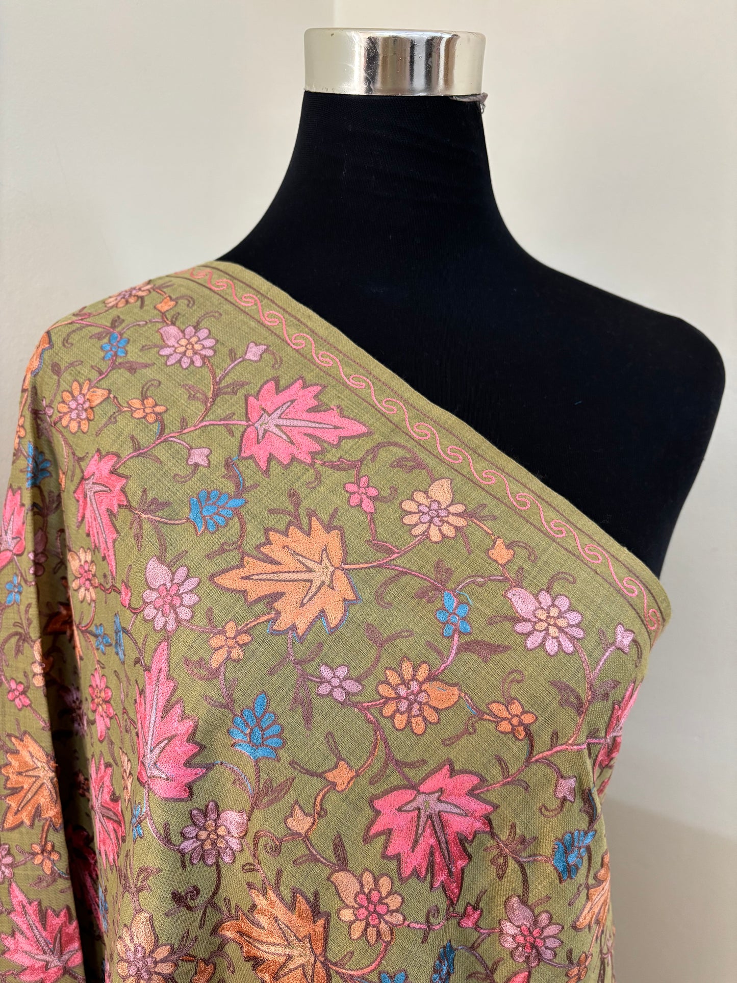 Pista Green Chinaar Jaal Kashmiri Semi Pashmina Stole