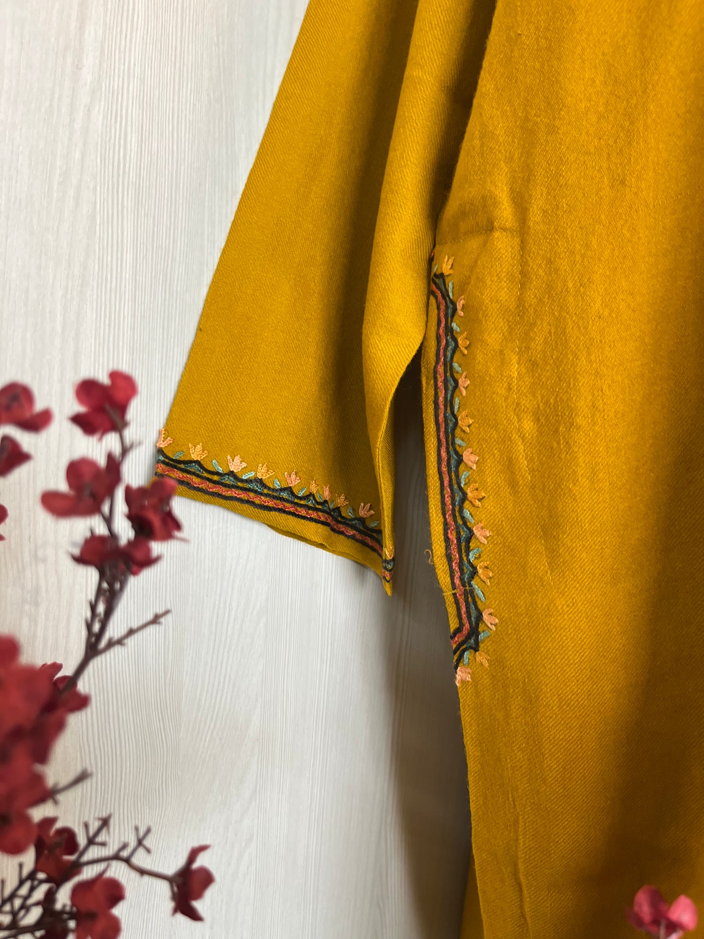 Mustard Yellow Aari Hand Embroidered Pure Wool Pheran