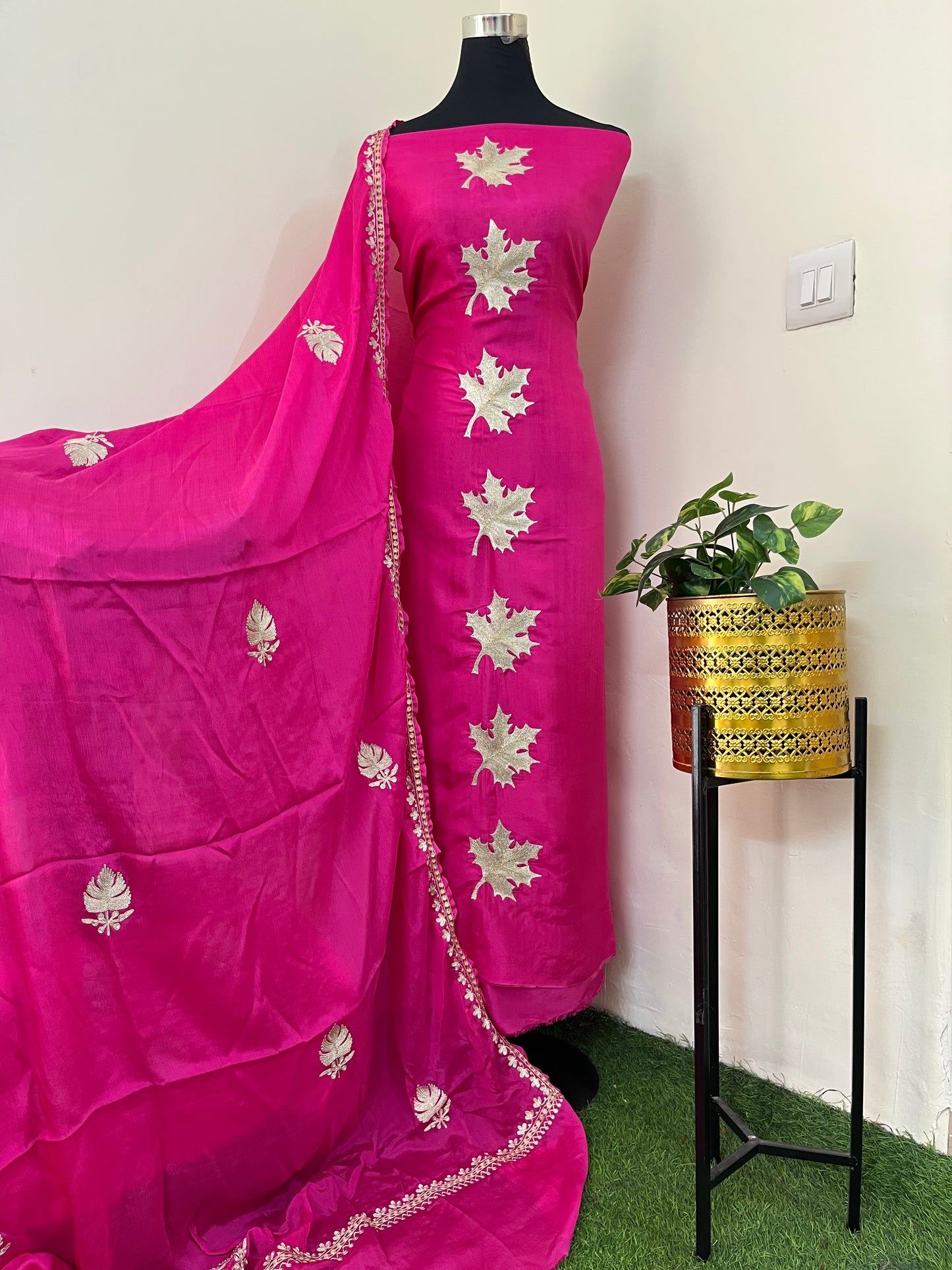 ‘Kalaa’ Fuchsia Pink Opada Silk Tilla Embroidered Suit material
