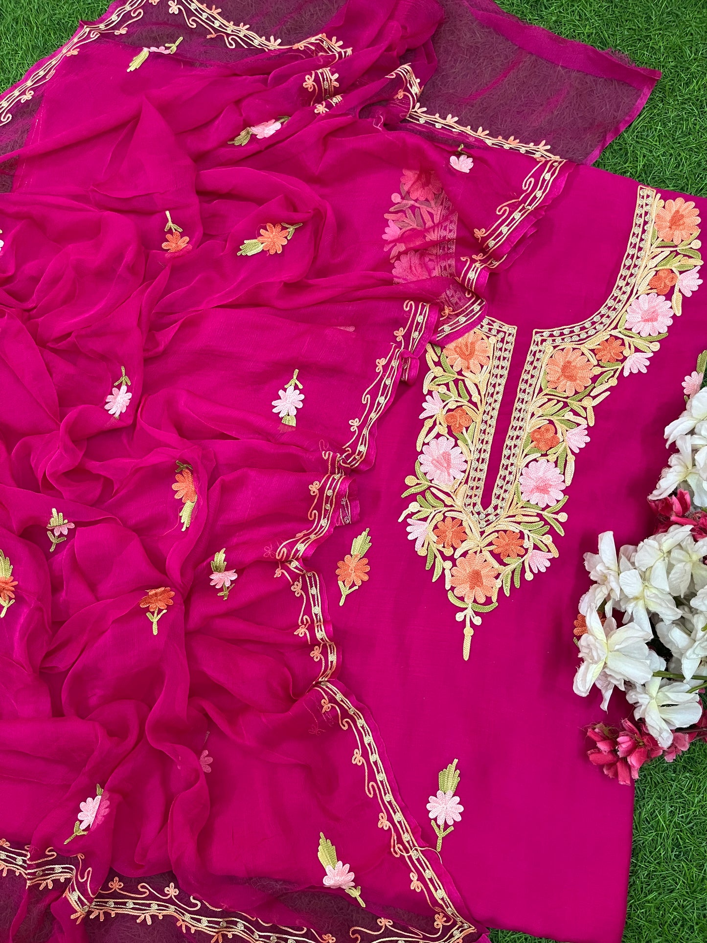 Hot Pink Muslin Cotton Jaal Sleeves Kashmiri 3pc Suit