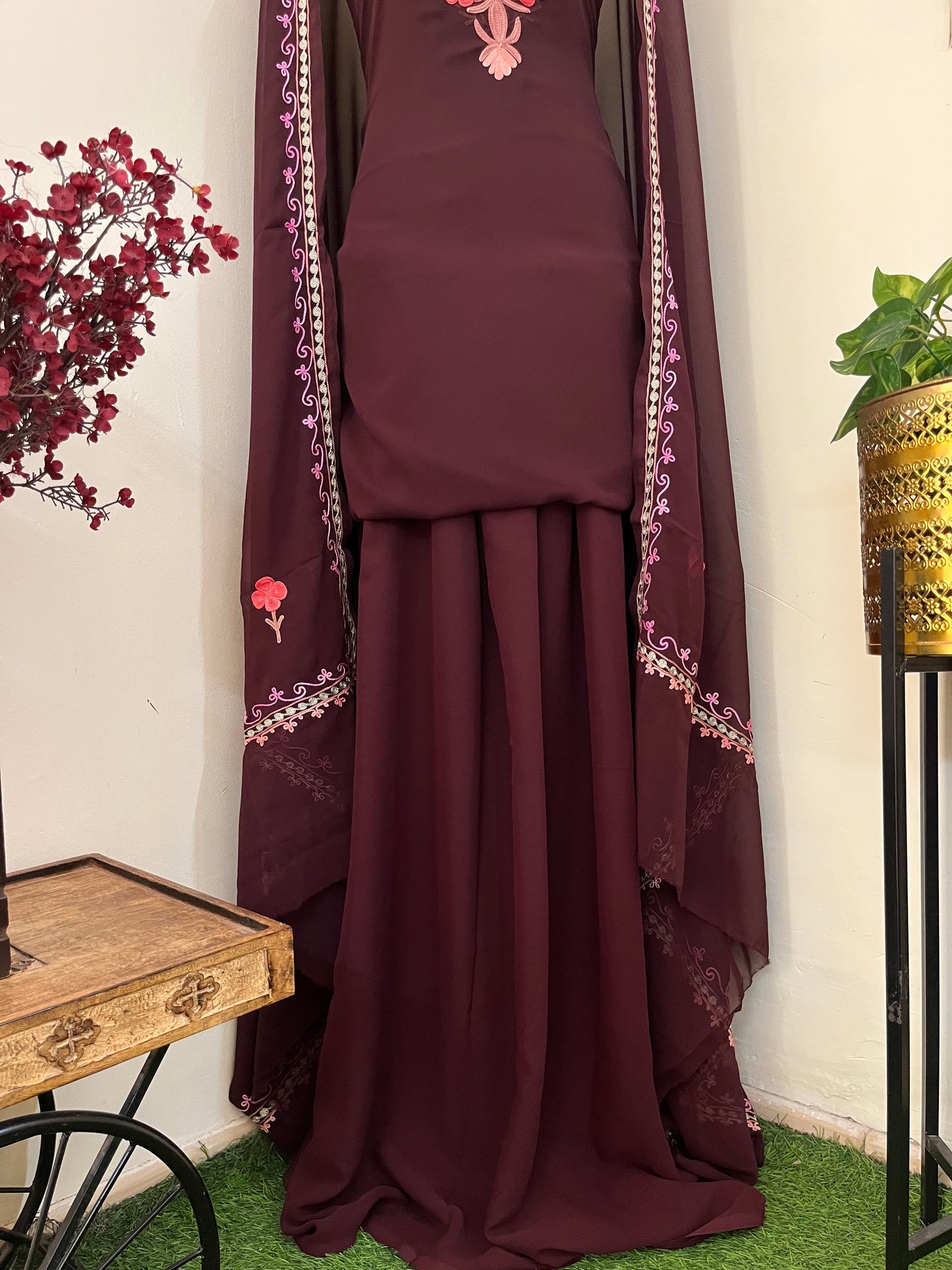 Brown Georgette 3 Pc Aari Embroidered Suit Set