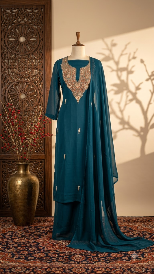 Blue Kalaaโ Crape Sozni Kashmiri Suit