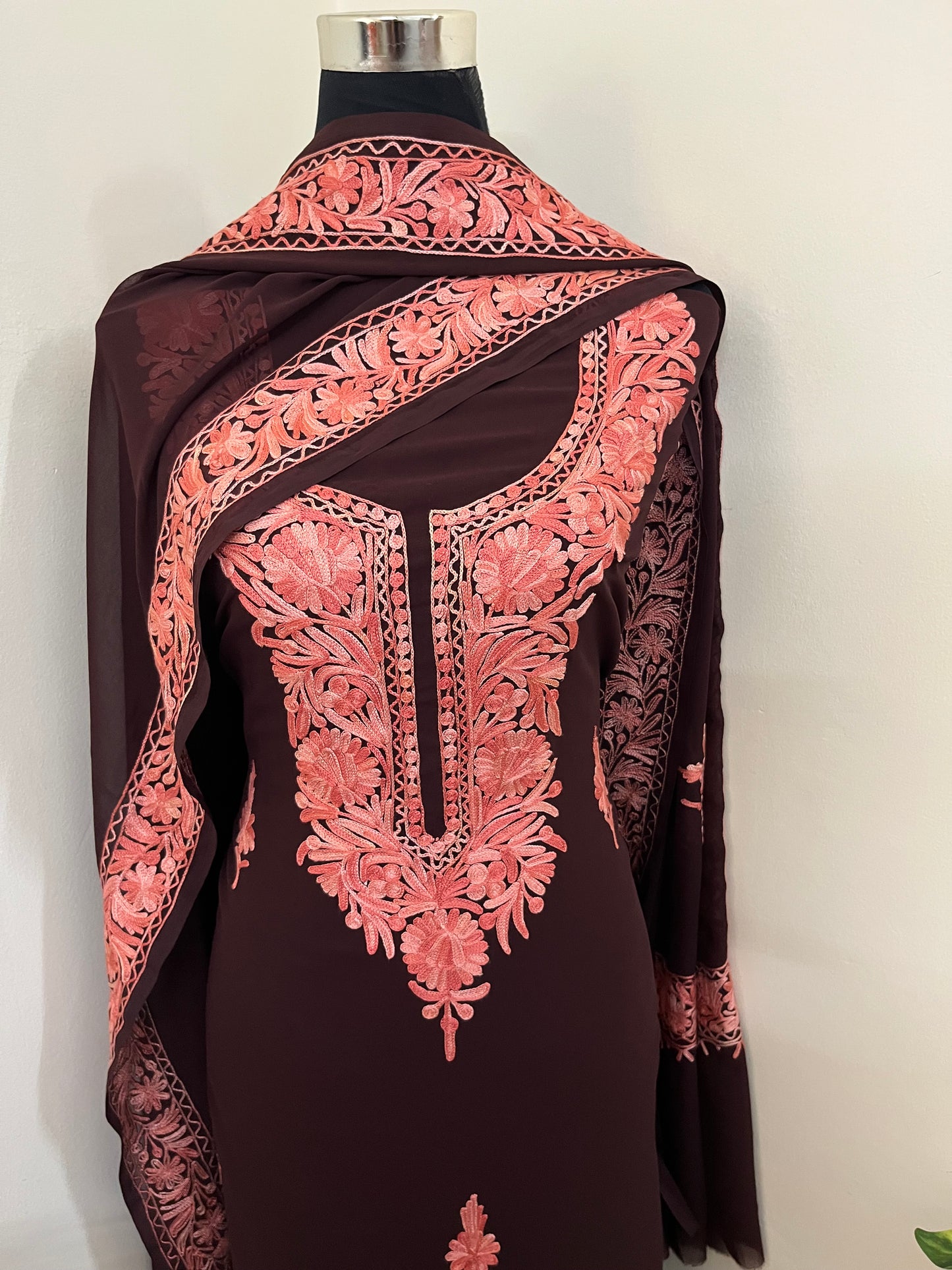 Brown Georgette 3pc Kashmiri Suit