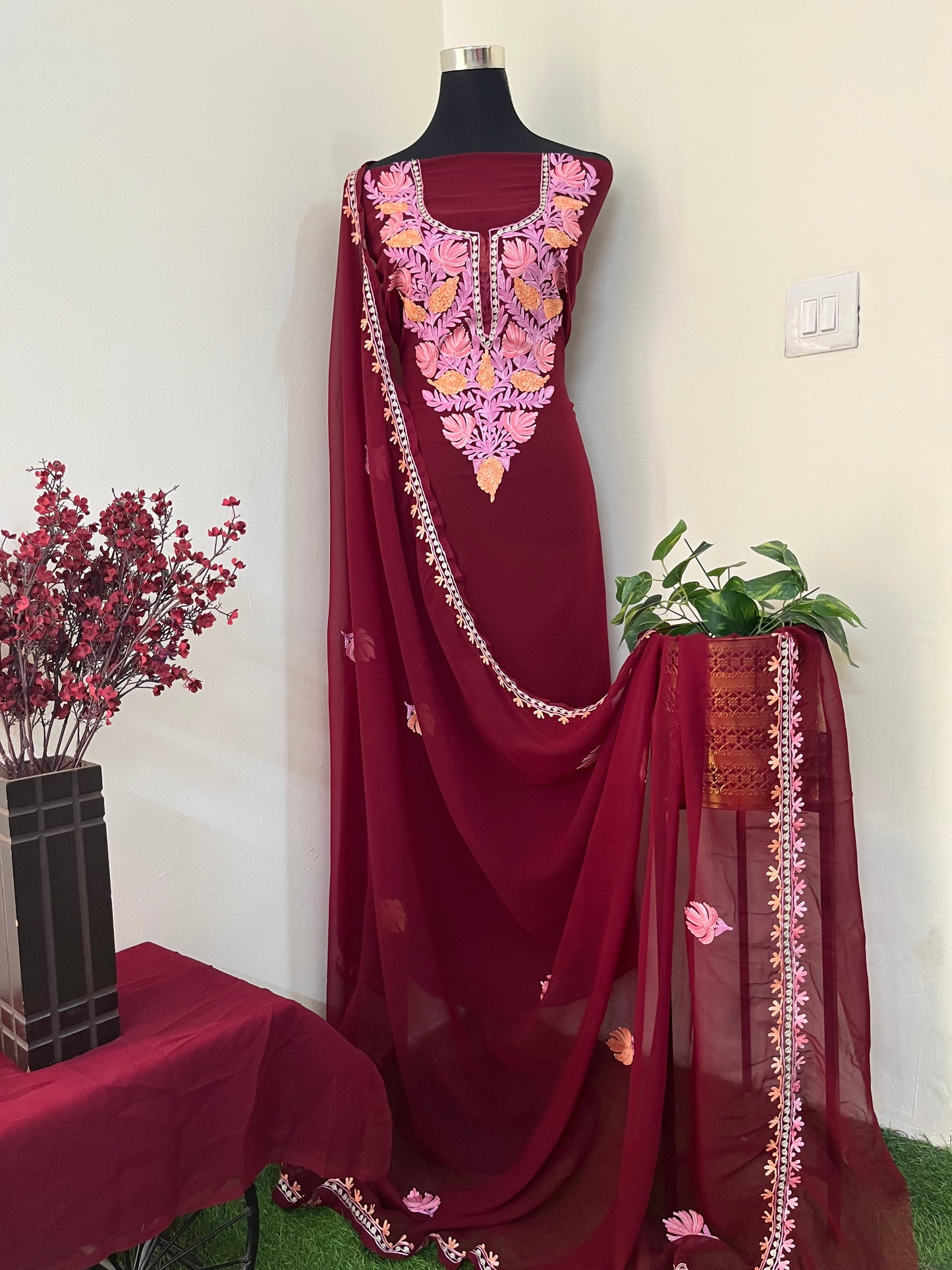 Maroon Georgette 3pc Aari Embroidered Suit