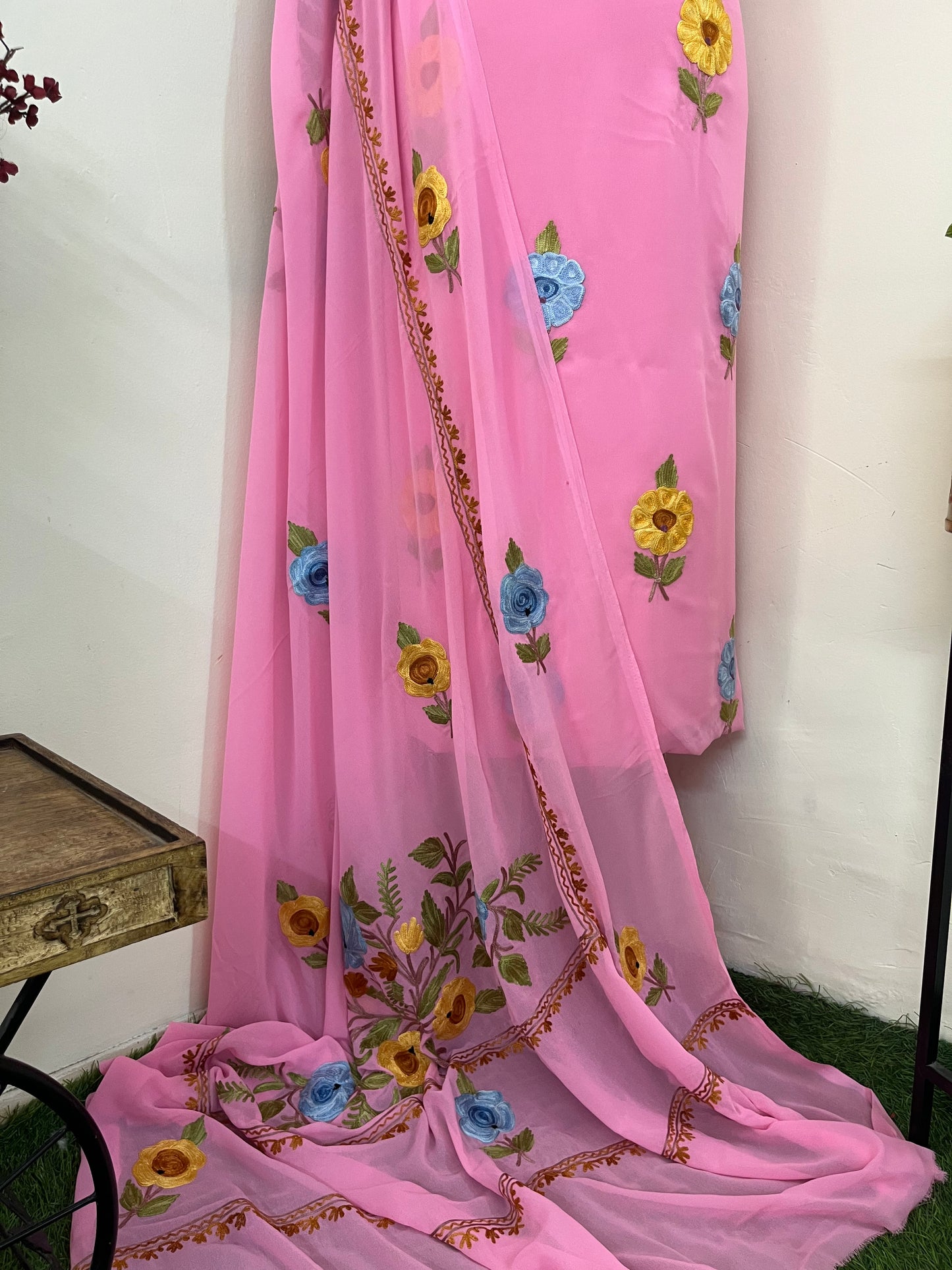 Georgette Candy Pink 3 Pc Aari Embroidered Suit