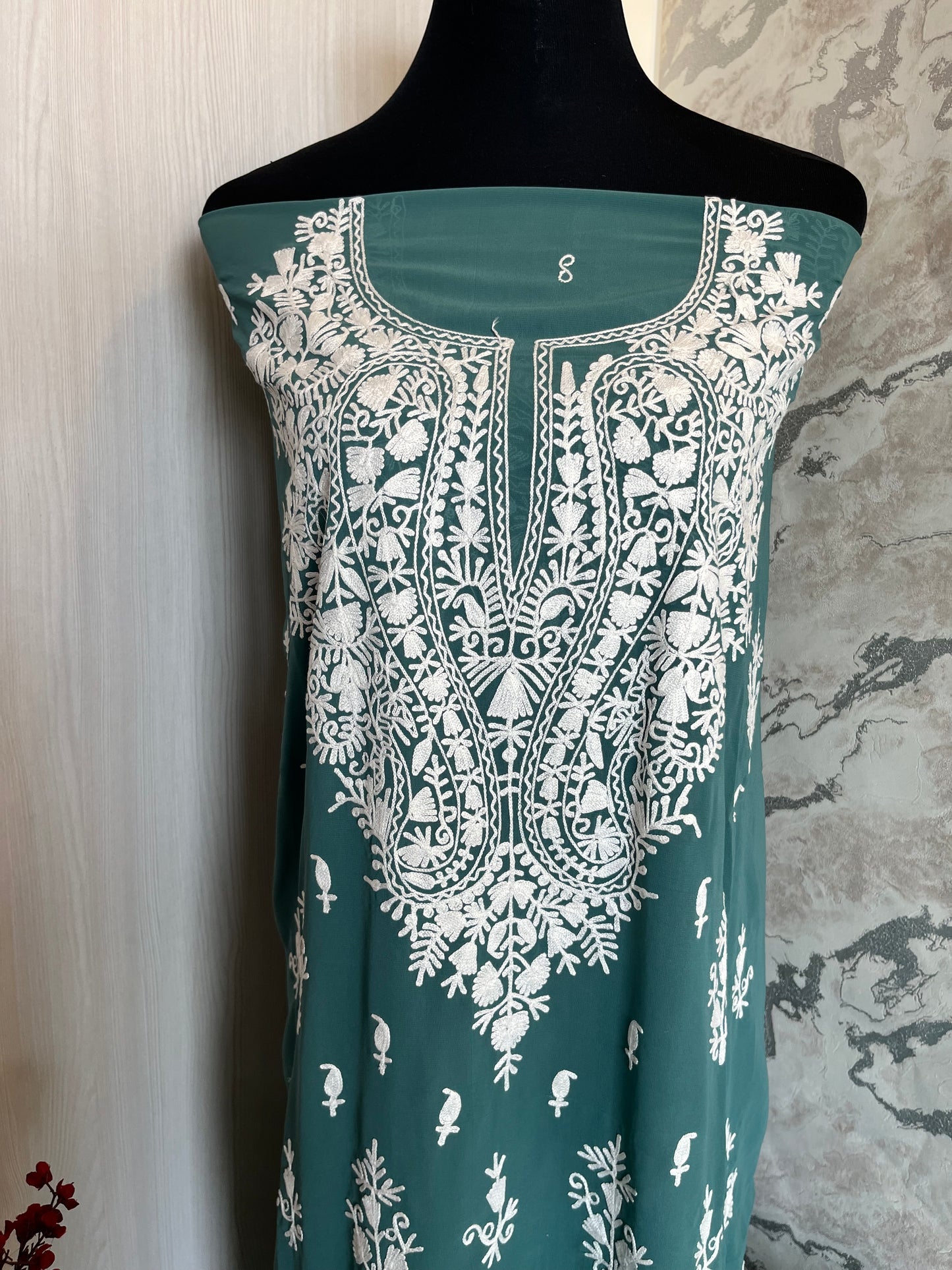 Georgette Pastel Green All over Work Aari Embroidered Unstitched Kurta Material