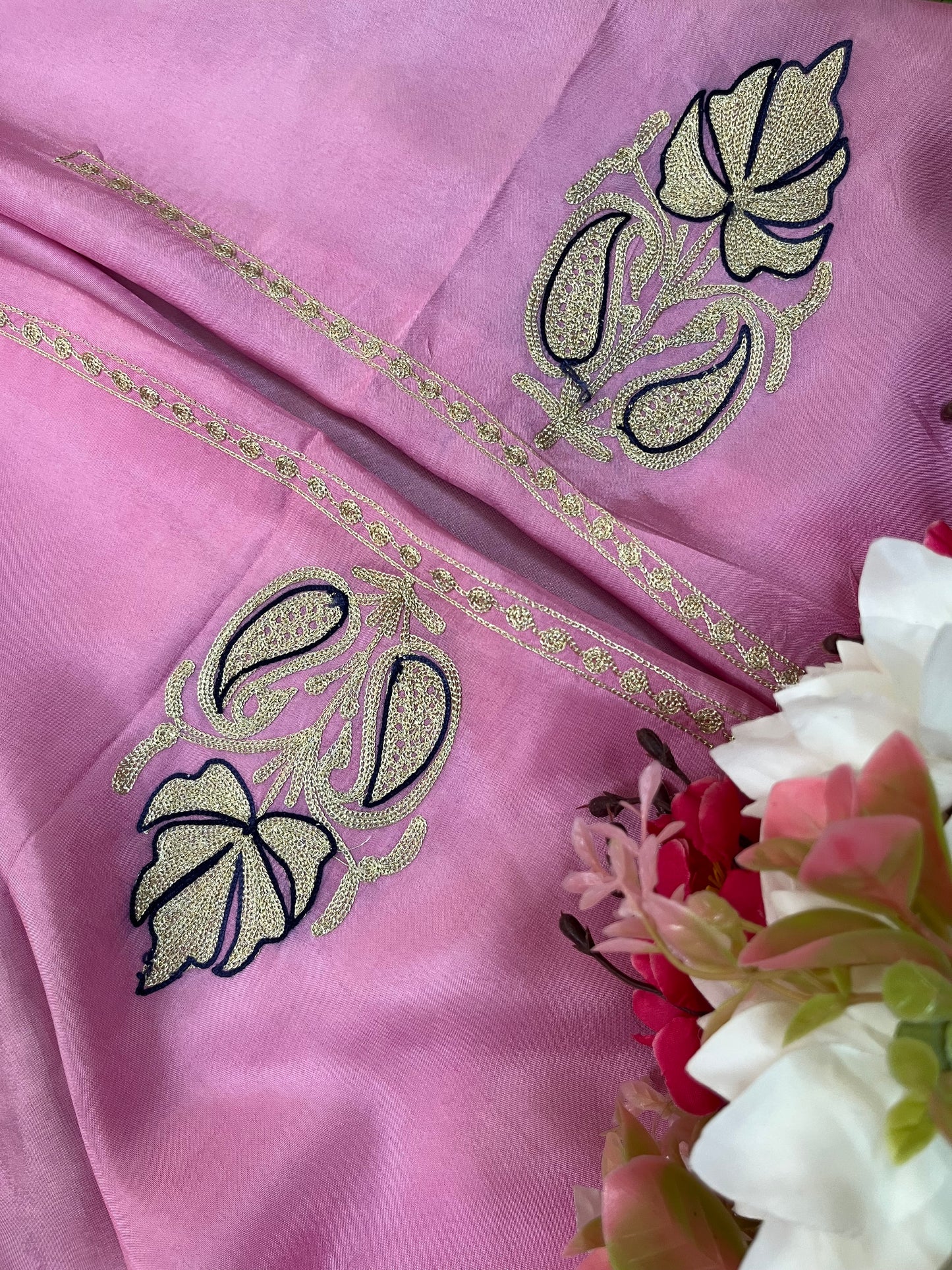 Pink Silk Aari Tilla Fusion Suit