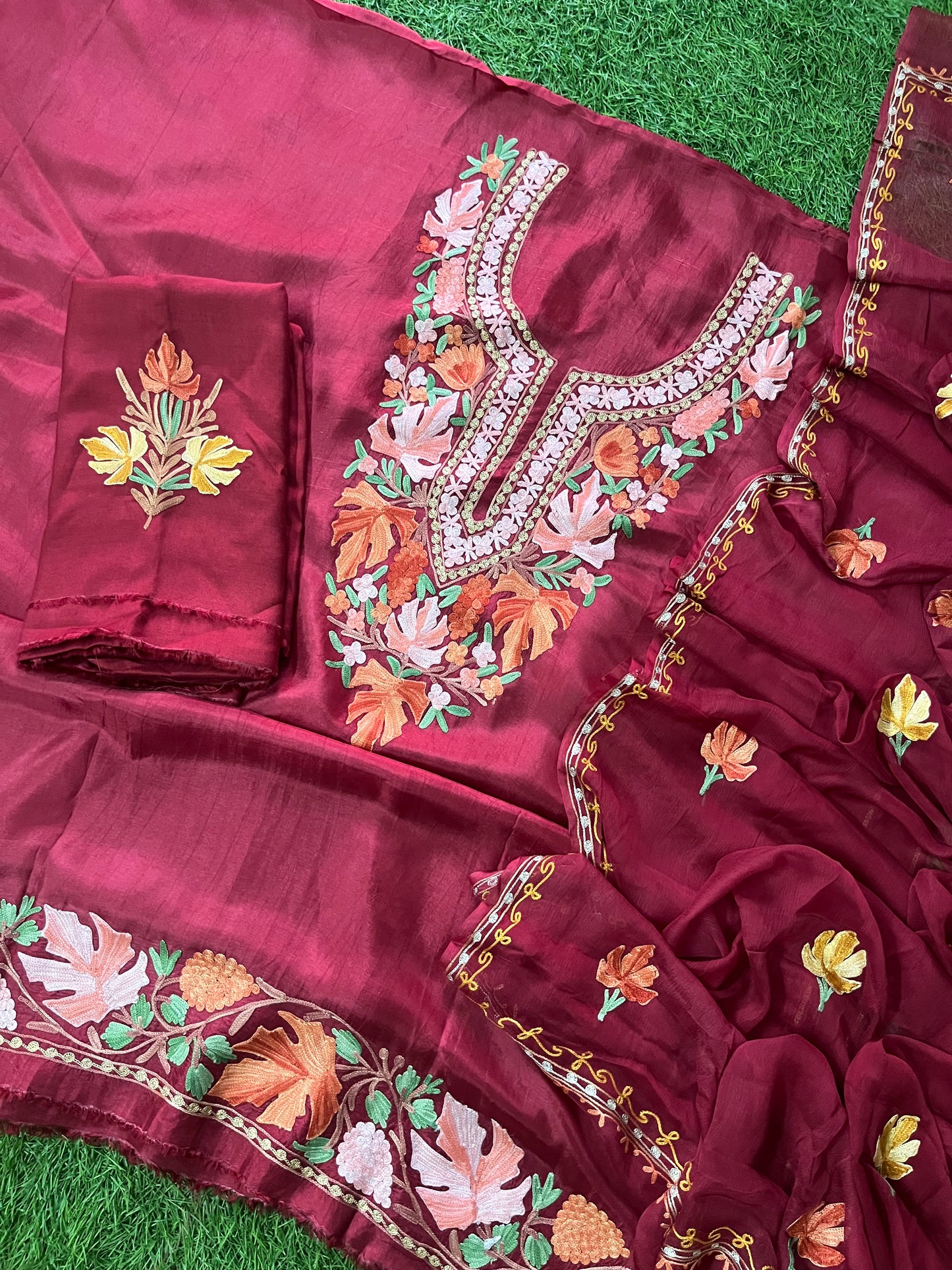 Maroon Opada Silk Aari Embroidered Suit material