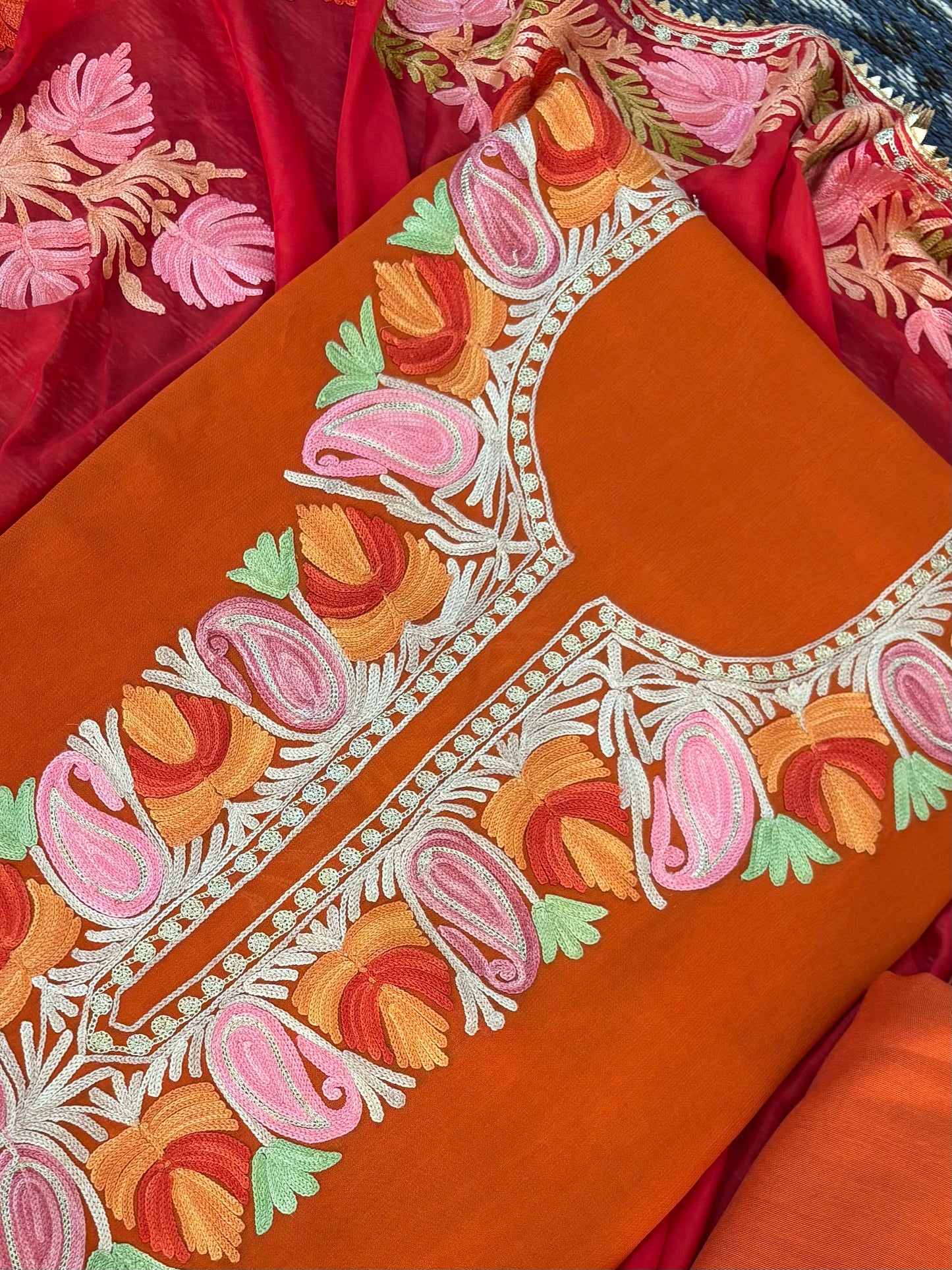 Soft Orange Pure Georgette Kashmiri Suit