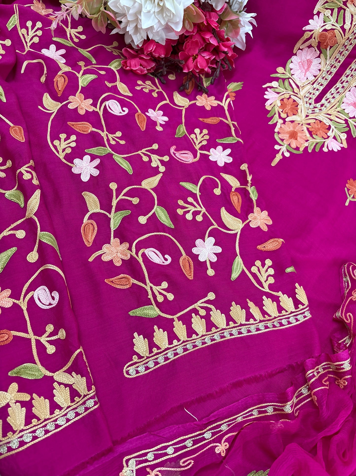Hot Pink Muslin Cotton Jaal Sleeves Kashmiri 3pc Suit