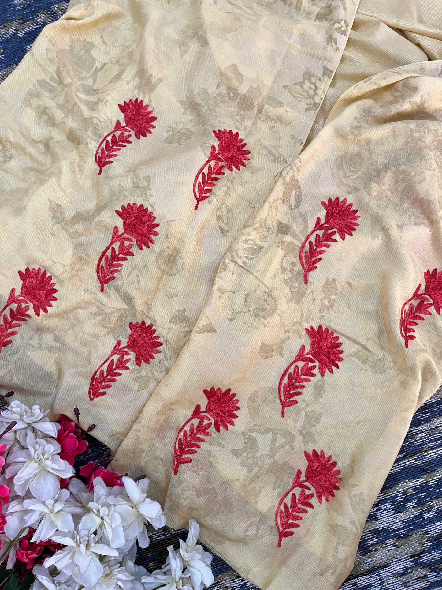 Mustard Gold Self Work Satin Cotton Unstitched Co-ord Set