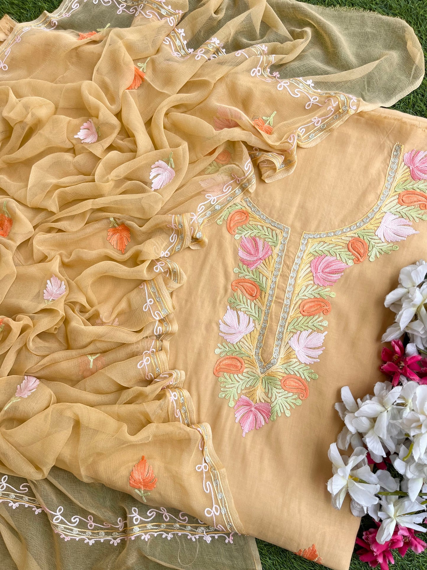Faun Muslin Cotton Jaal Sleeves Kashmiri 3pc Suit