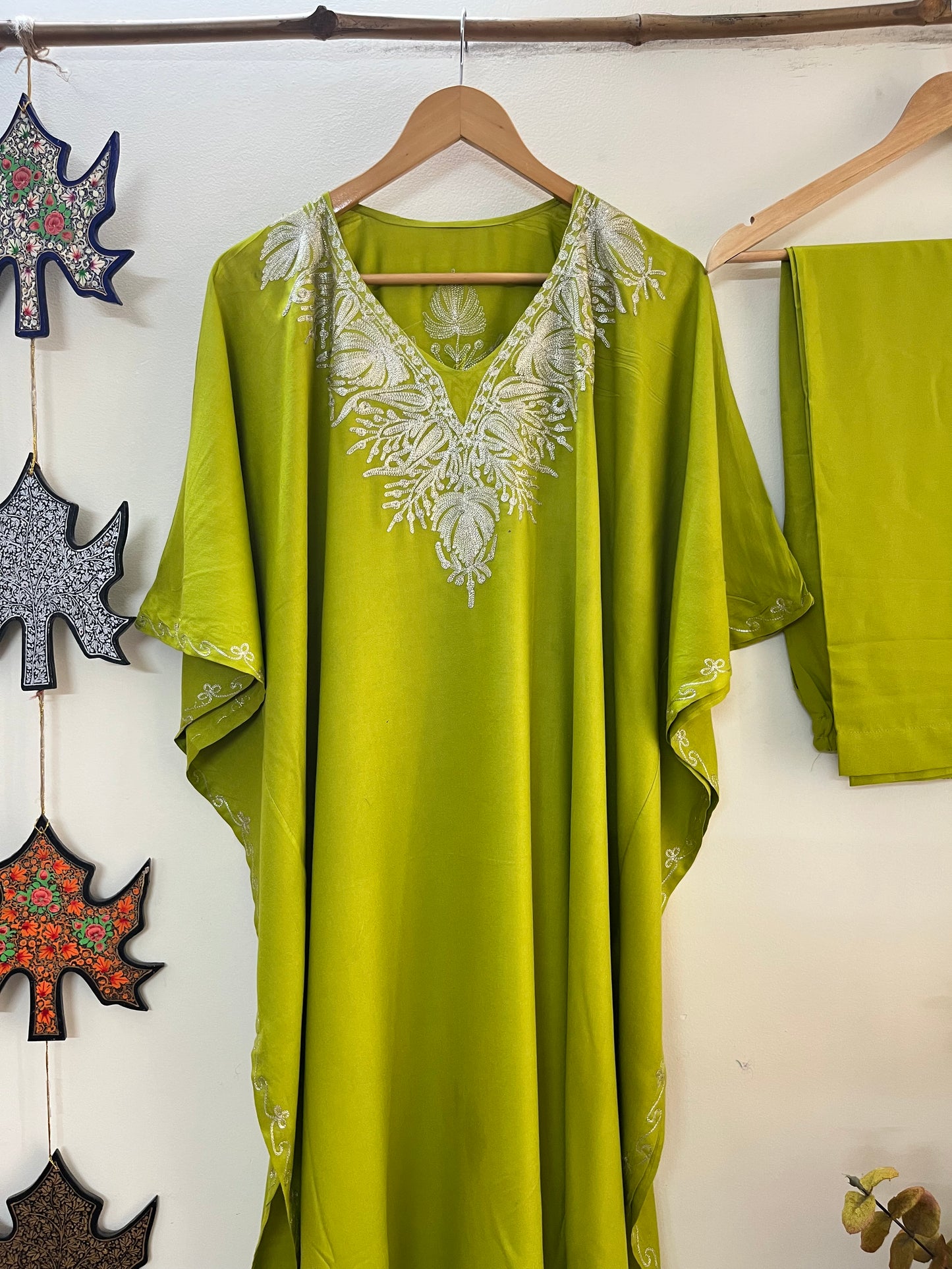 Neon Green Rayon Cotton Kashmiri Tilla Kaftan