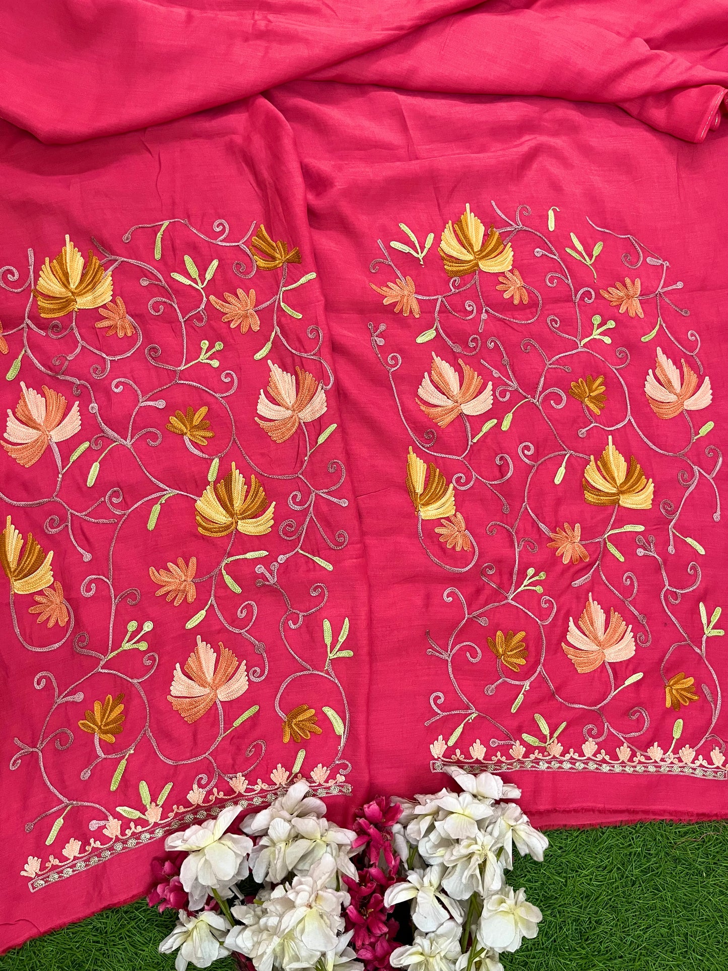 Carrot Red Muslin Cotton Jaal Sleeves Kashmiri 3pc Suit