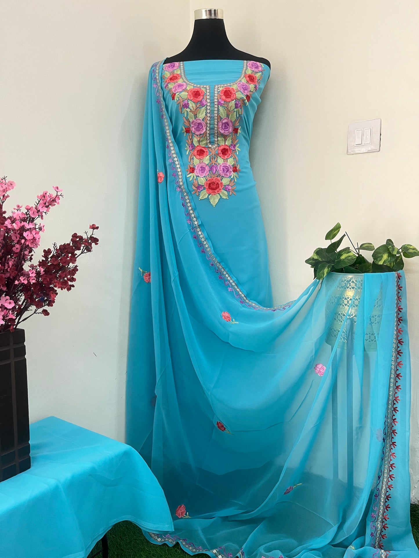 Firozi Blue Georgette 3pc Aari Embroidered Suit