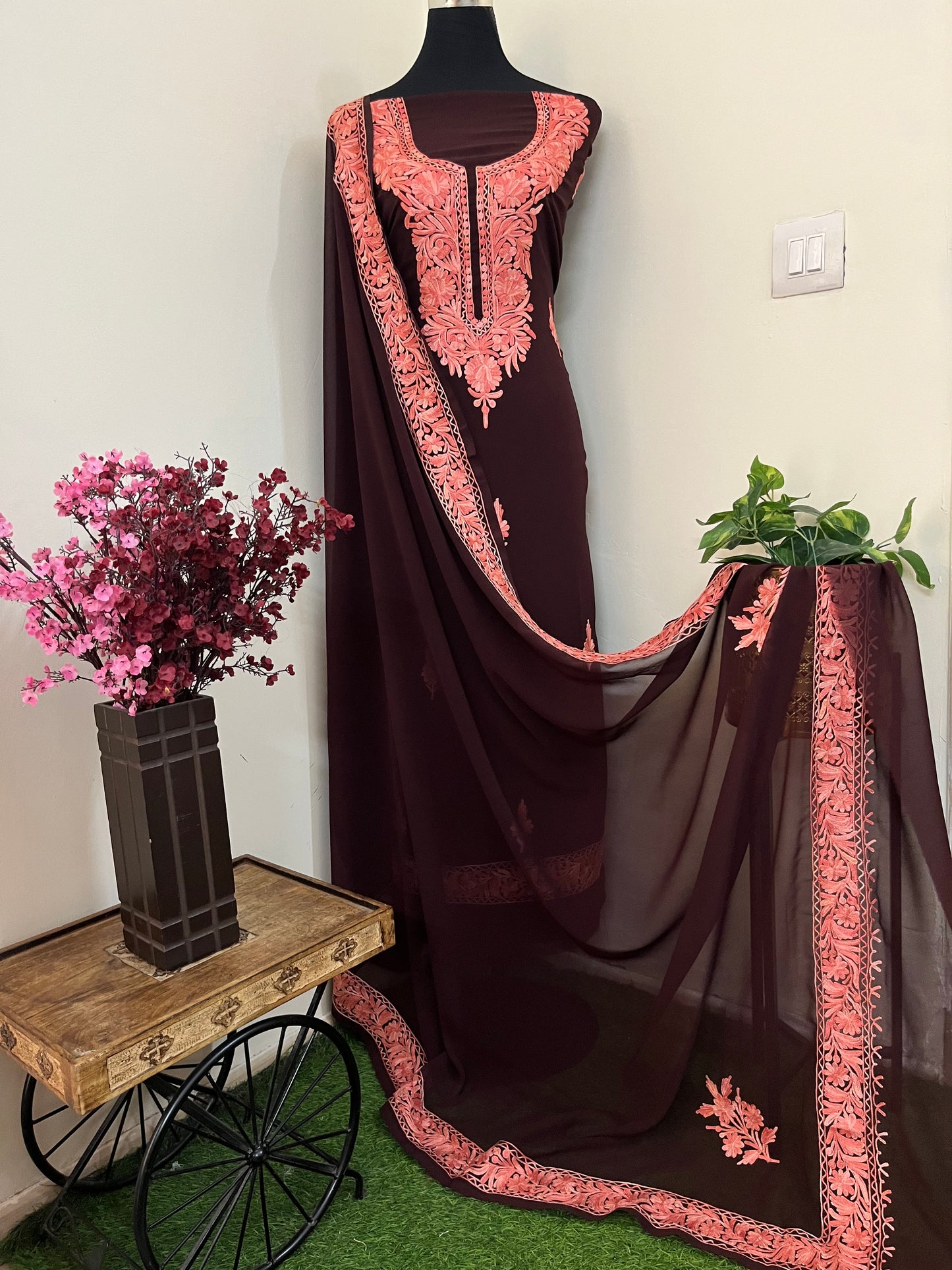 Brown Georgette 3pc Kashmiri Suit