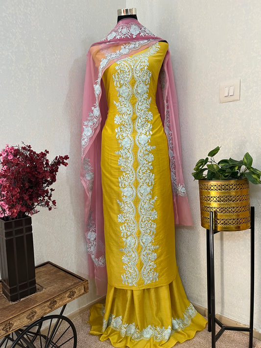 Golden Yellow Chanderi Silk Kashmiri Suit