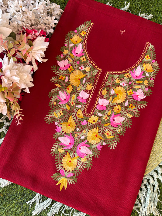 Maroon Woollen Aari Embroidered 2pc suit 5mtr