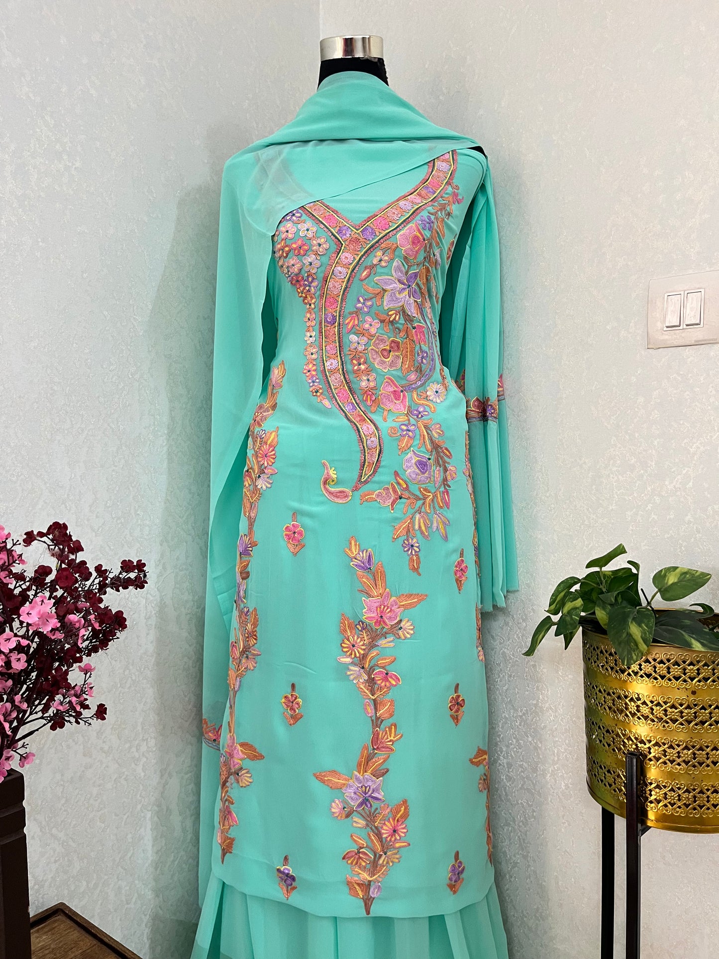 Sky Green Georgette 3 Pc Aari Embroidered Suit