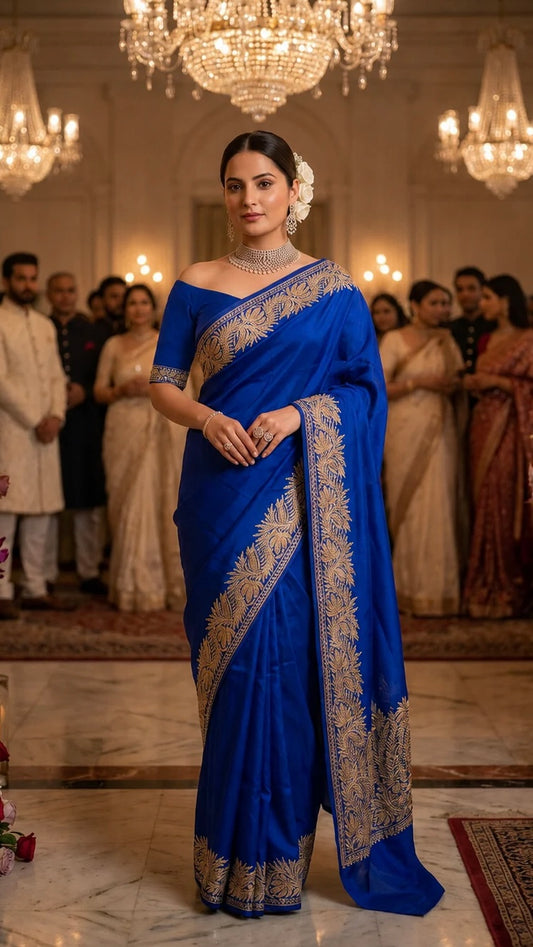 Royal Blue Pure Vetson Crape Kashmiri Saree