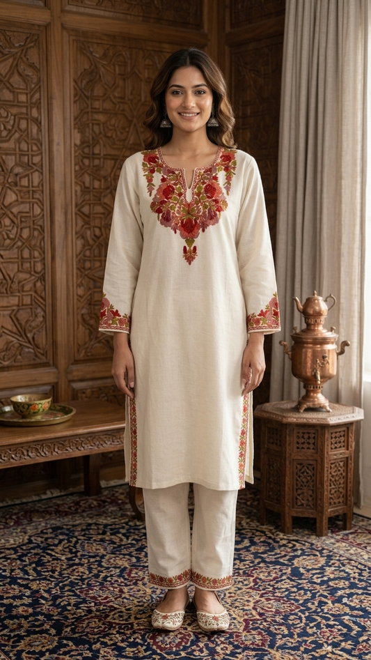 Off White Cotton Stitched Co-ord Set (40)
