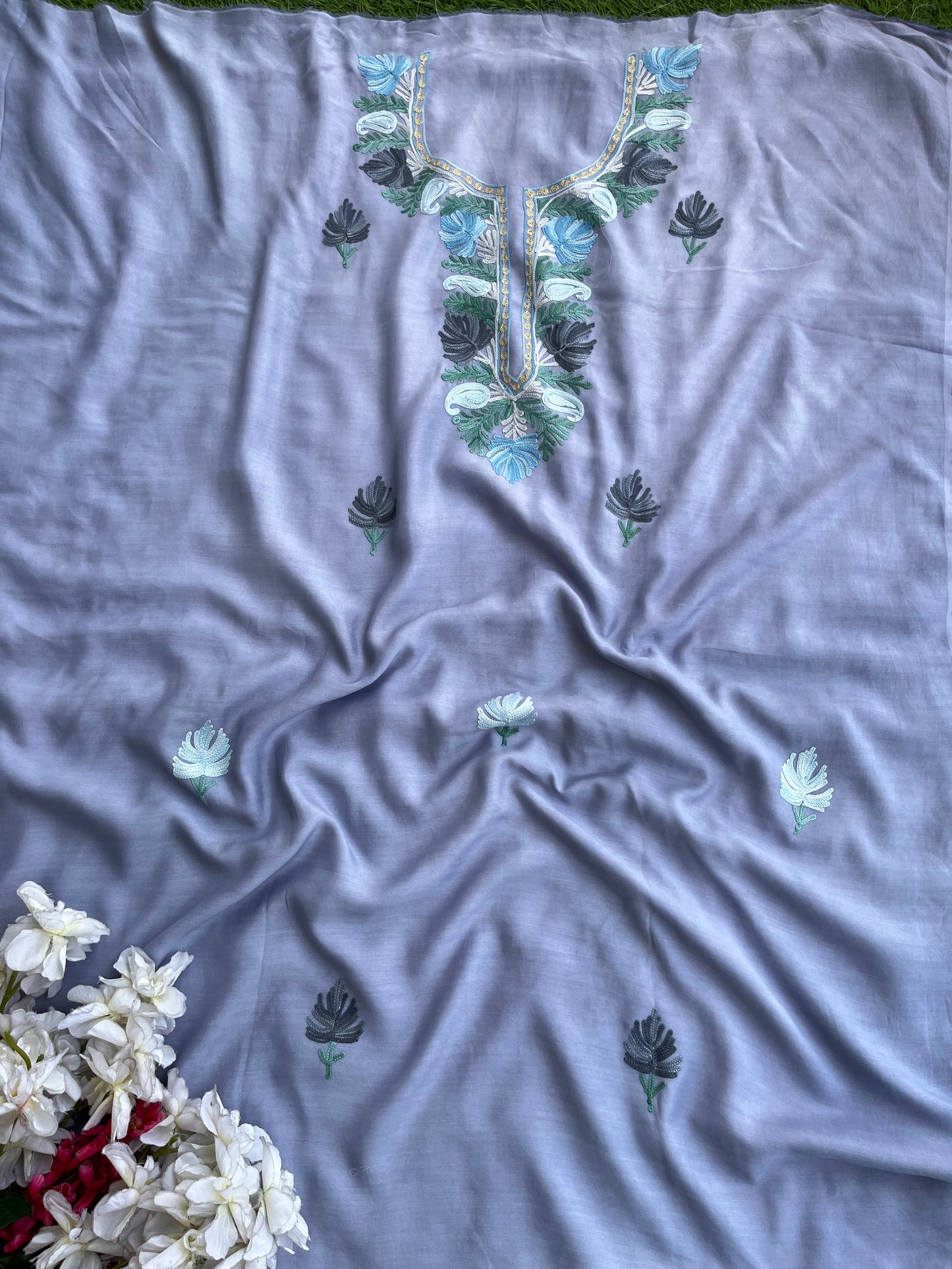 English Grey Muslin Cotton Jaal Sleeves Kashmiri 3pc Suit