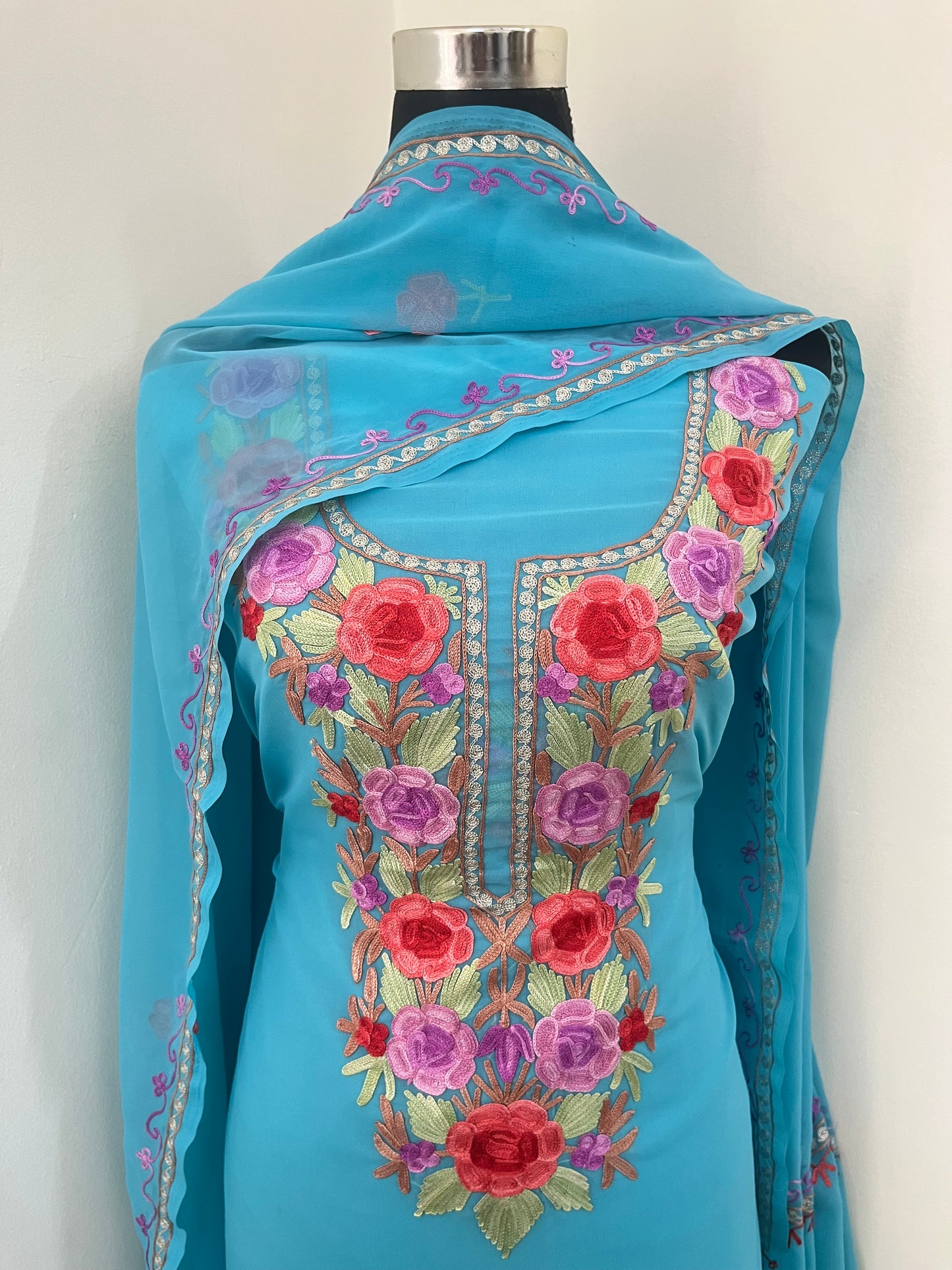 Firozi Blue Georgette 3pc Aari Embroidered Suit