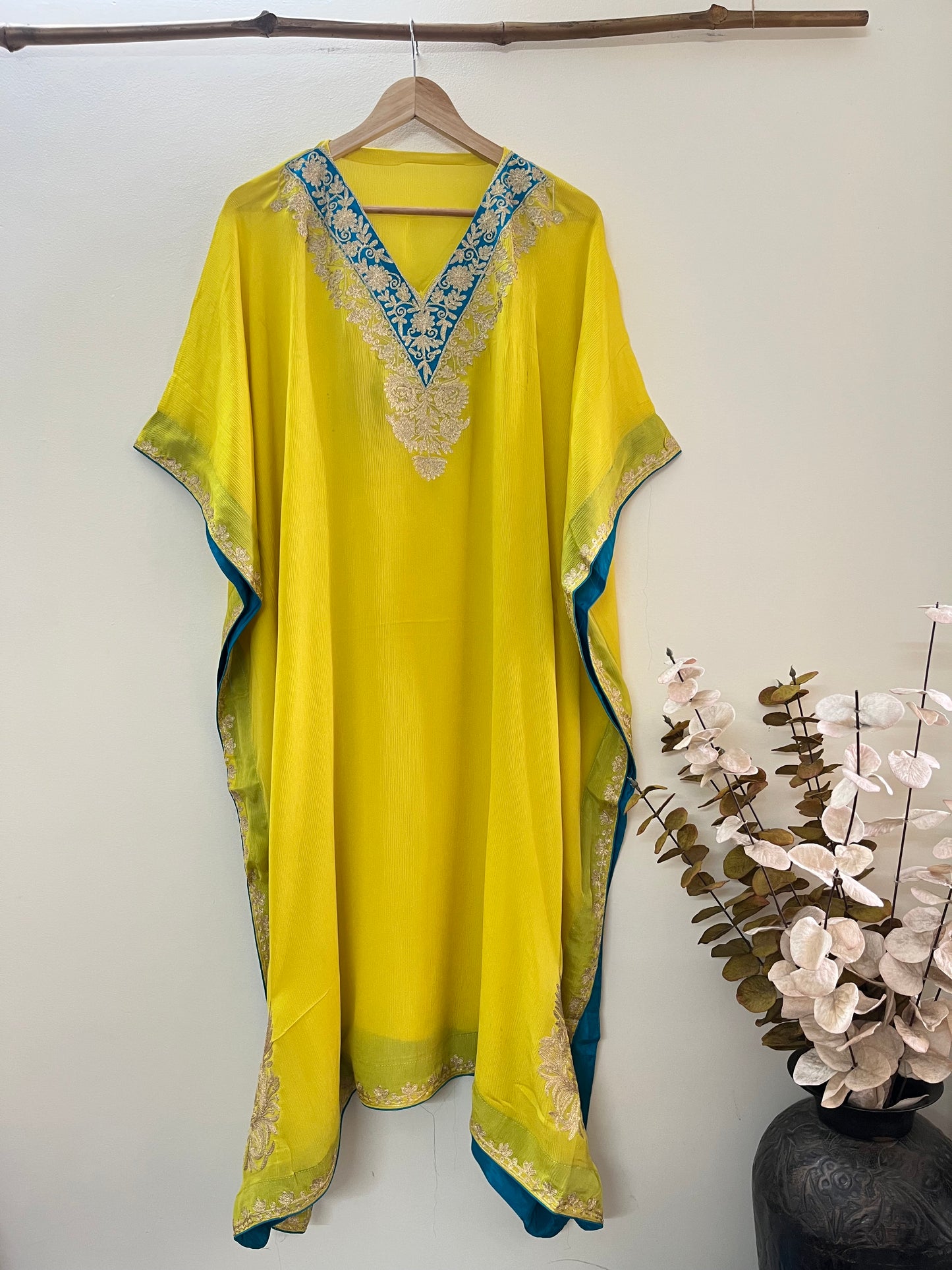 Golden Yellow Pure Chiffon Kashmiri Kaftan