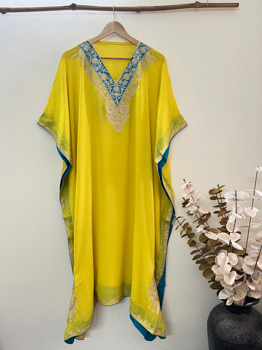 Golden Yellow Pure Chiffon Kashmiri Kaftan