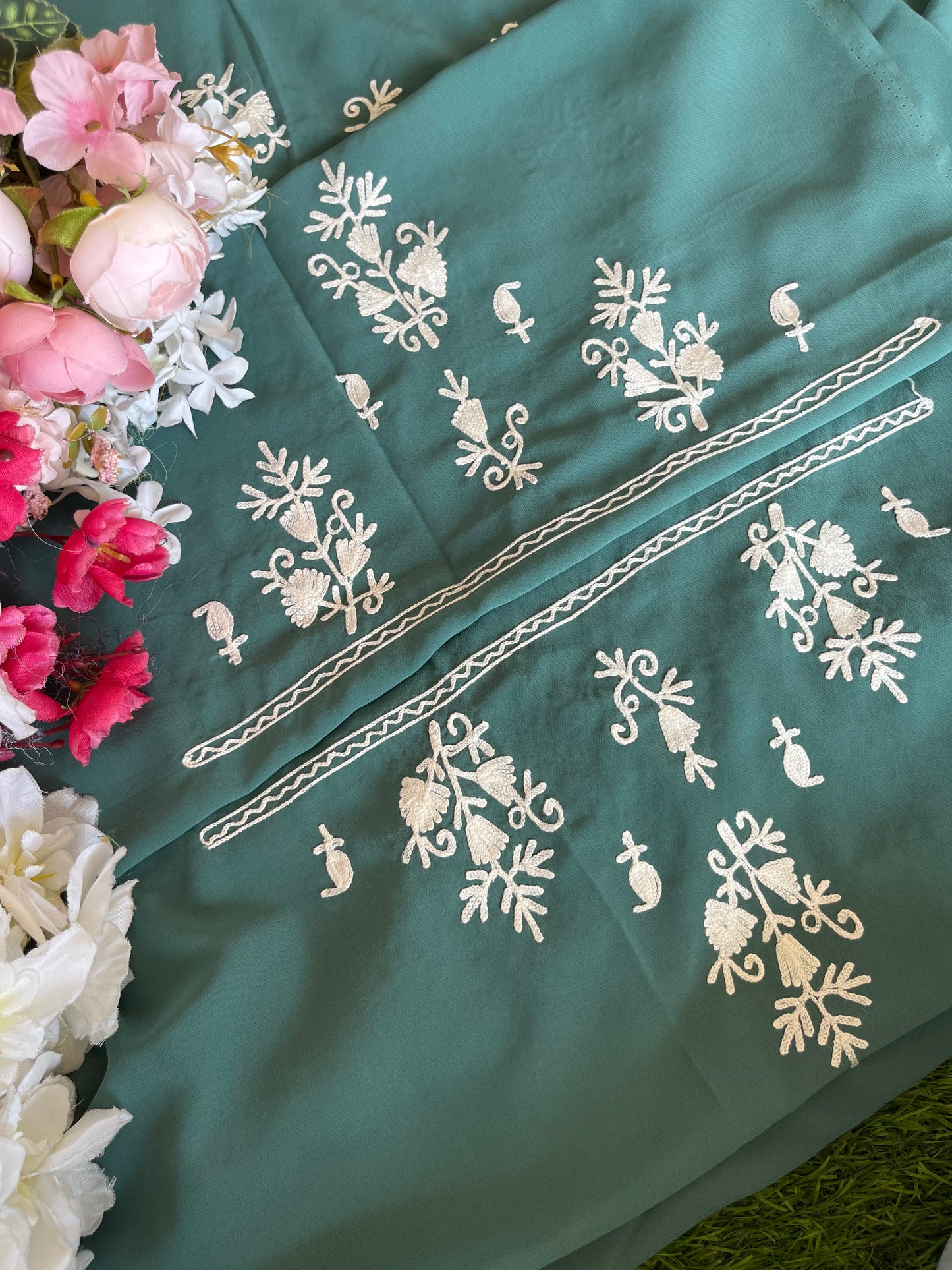 Georgette Pastel Green All over Work Aari Embroidered Unstitched Kurta Material