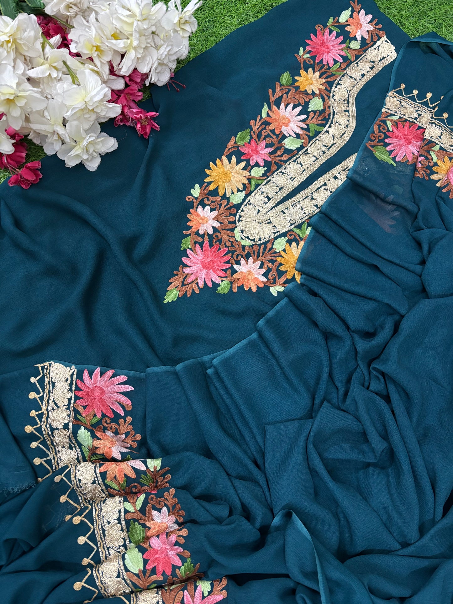 Peacock Blue Pure Georgette Kashmiri Suit