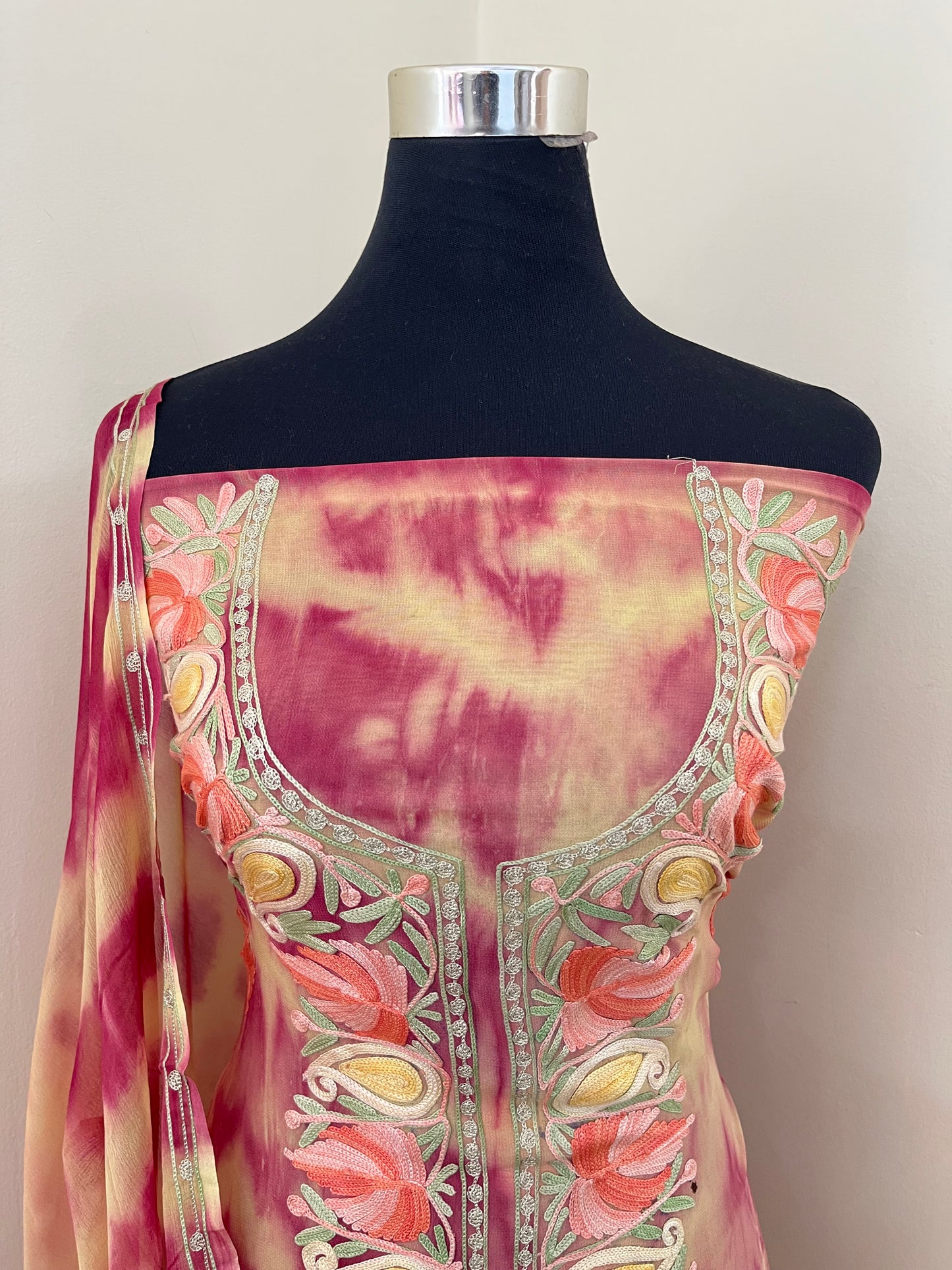 Yellow Pink Pure Georgette Ty Dy Kashmiri Suit
