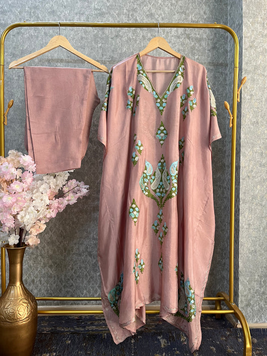 Pastel Pink Opada Silk Kashmiri Kaftan Set