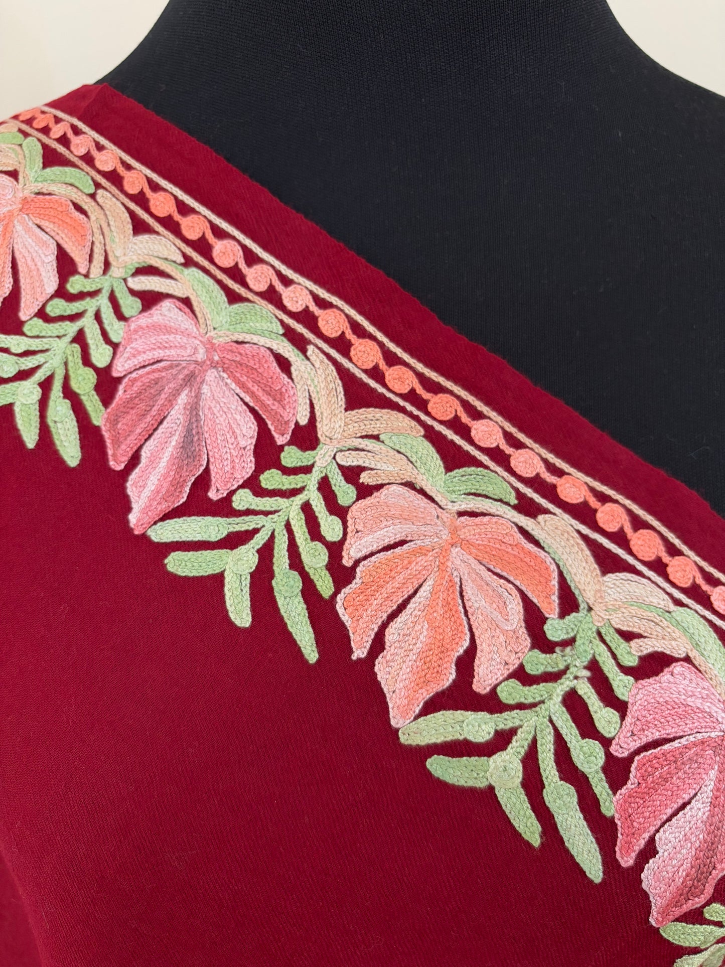Maroon Fine Semi Pashmina Aari Embroidered stole