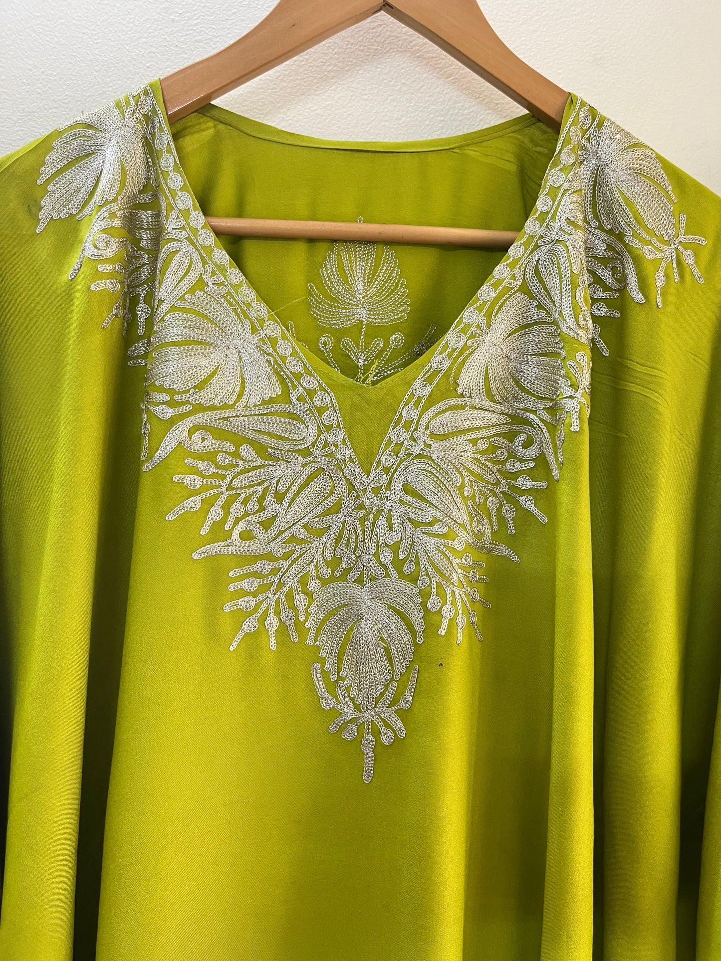 Neon Green Rayon Cotton Kashmiri Tilla Kaftan