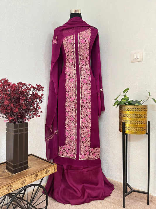 Wine Pure Georgette Achkan Kashmiri Suit
