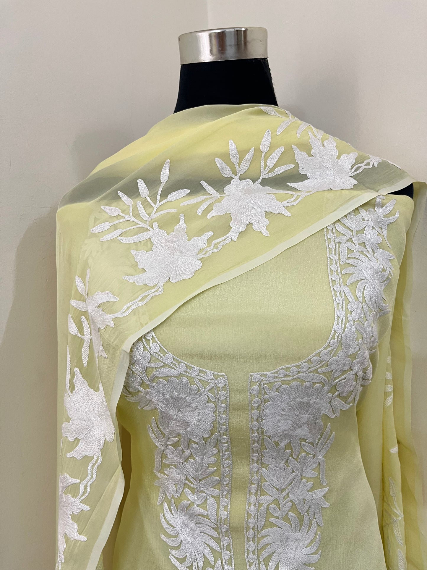 Lemon Yellow Chinon 3 Pc Aari Embroidered Suit