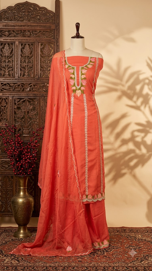 Sanam’ Orange Silk Aari Embroidered Suit material